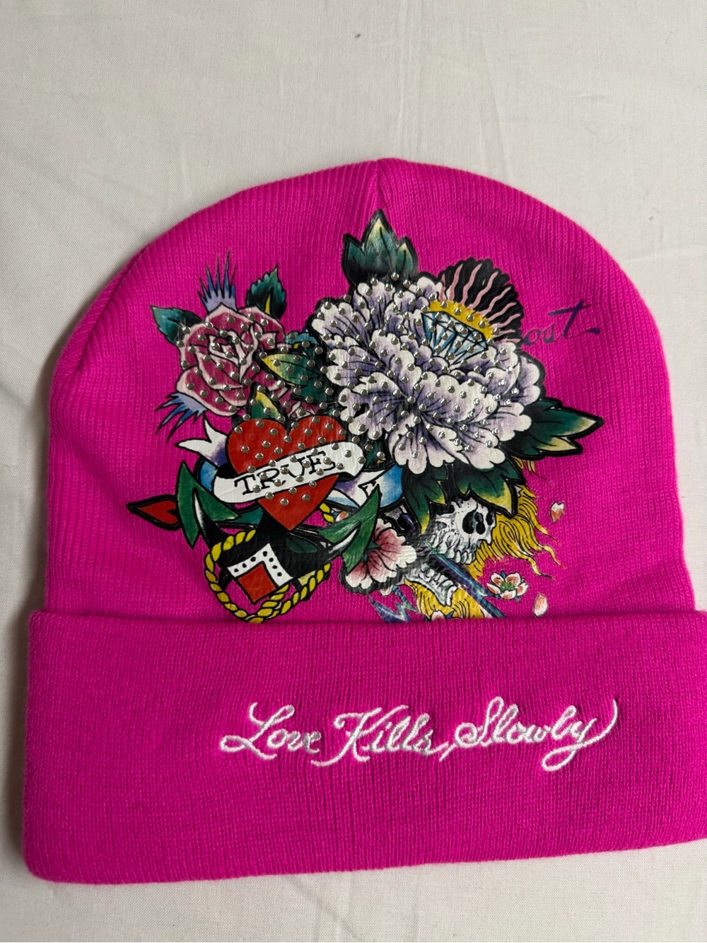 Pink  Beanie Hat with Floral Skull Design - Love Kills Slowly